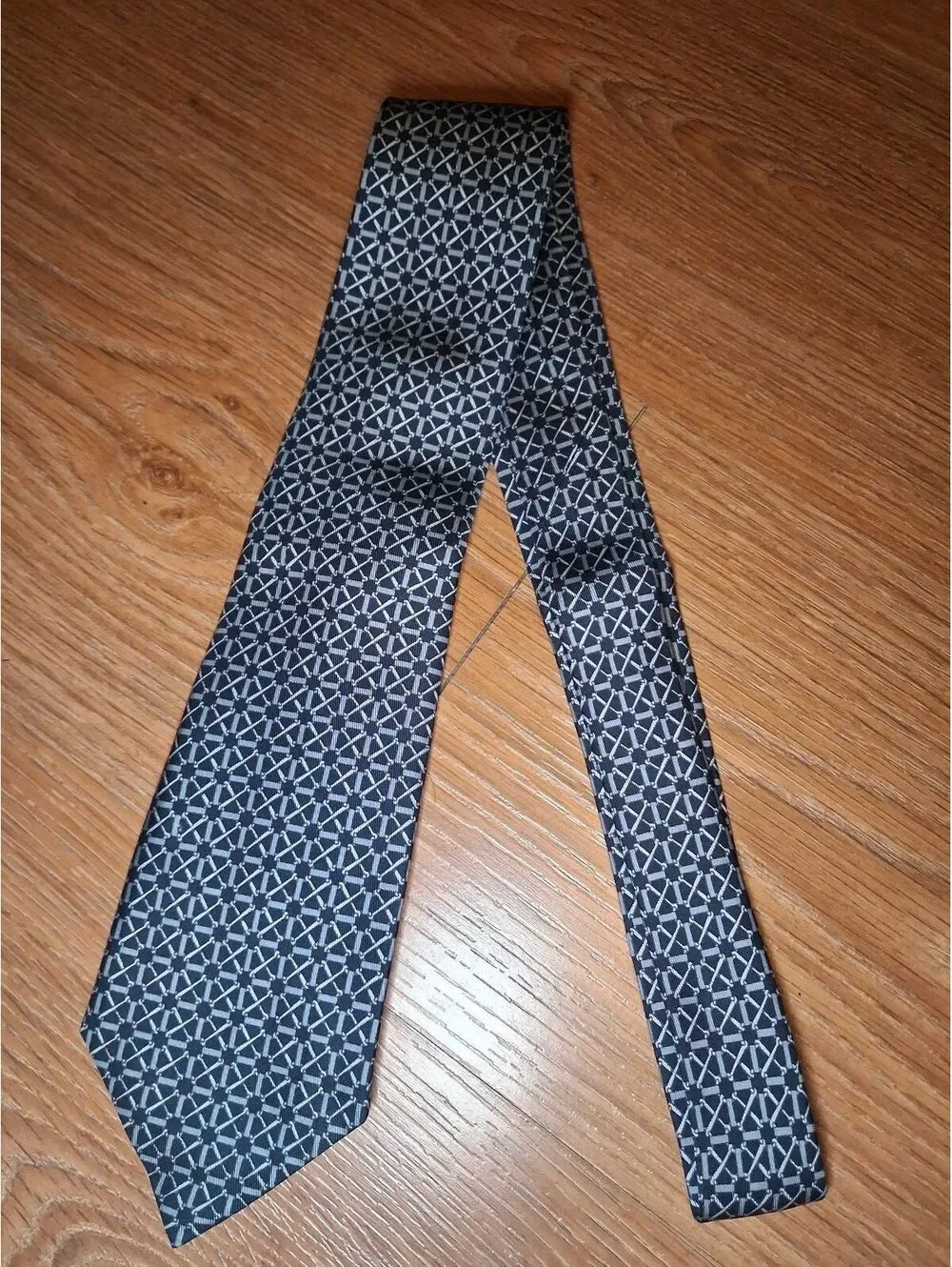 VINTAGE Hermes 100% Silk Tie Black Gray Geometric France